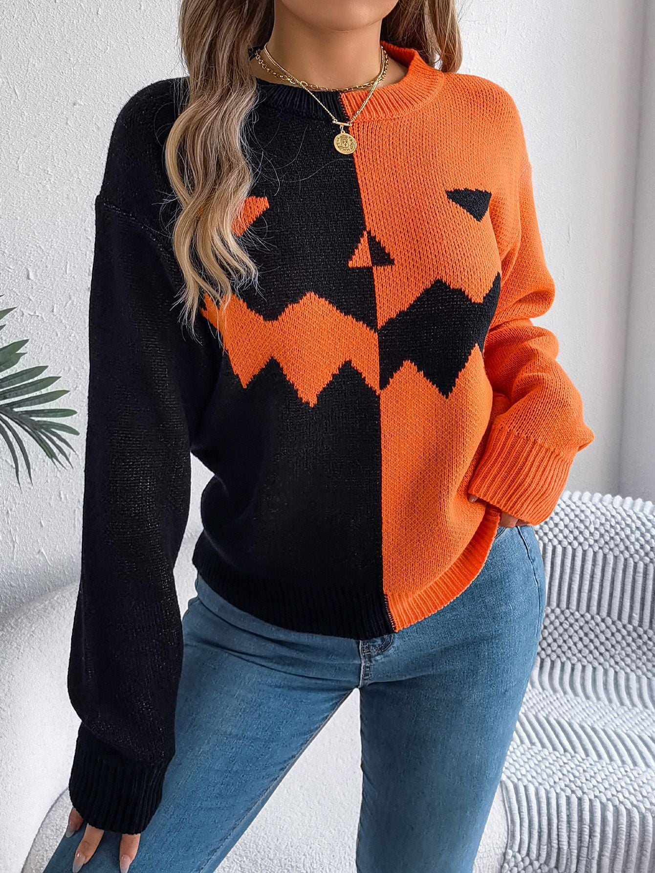 Fall And Winter Halloween Spooky Pumpkin Contrast Long Sleeve Pullover Sweater Women's Clothing